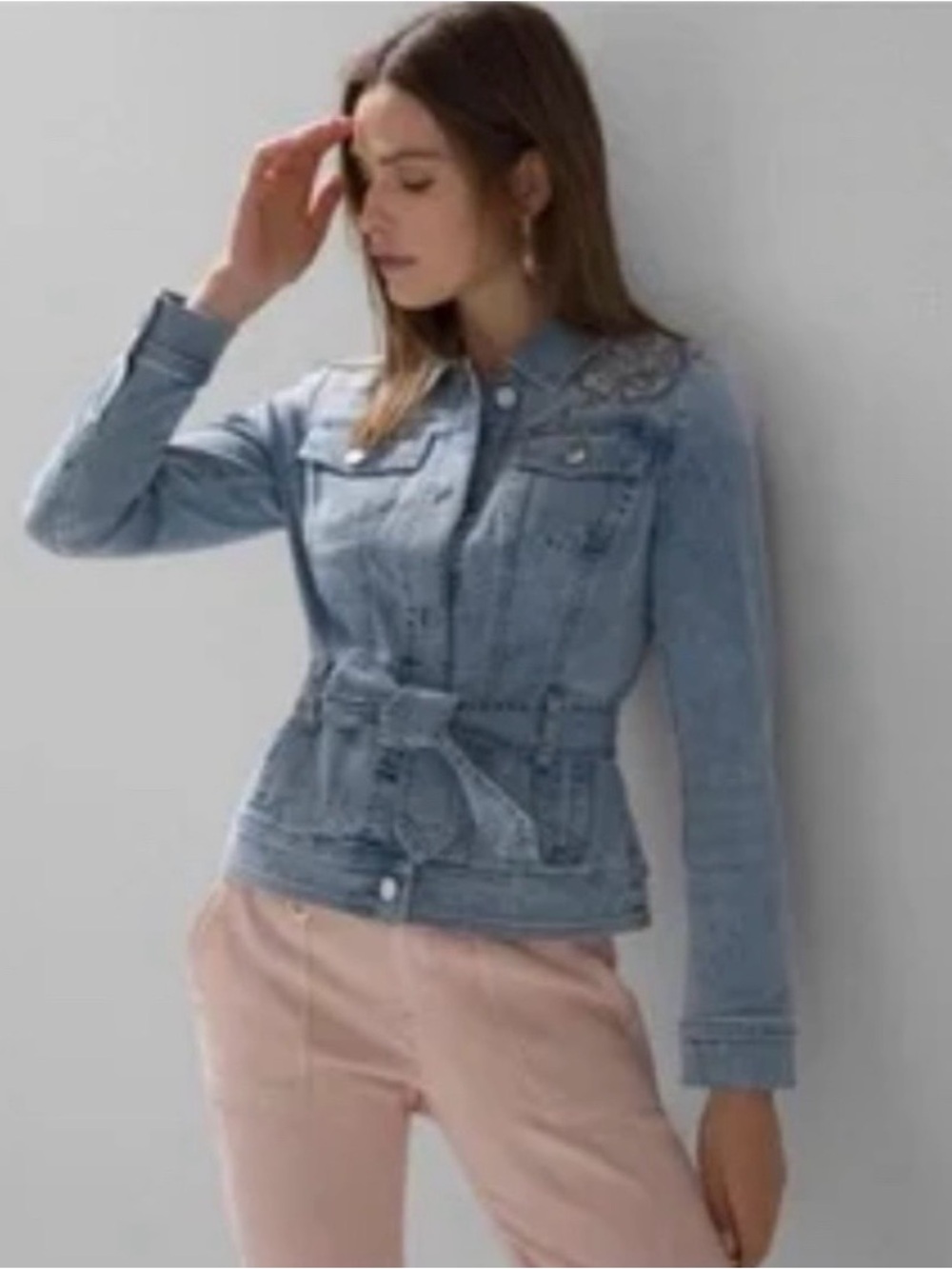 WHBM Denim Trucker Jacket Embroidered Belted